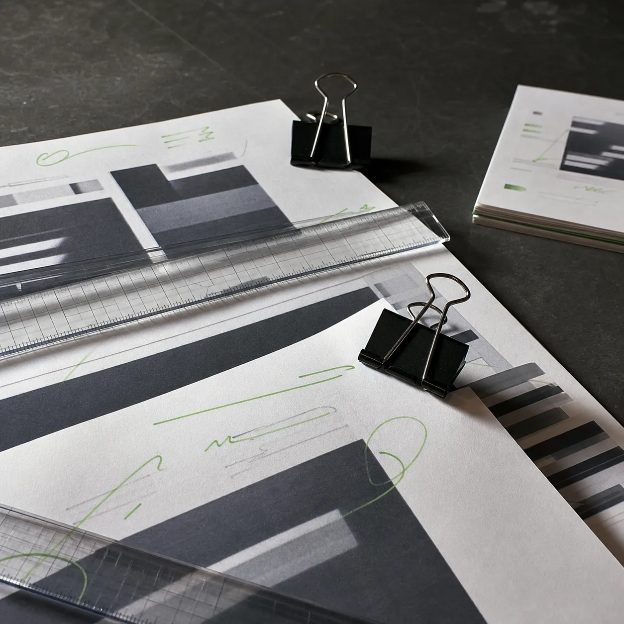 Close view of printed campaign typography sheets, channel notes, and neon-marked brand planning material