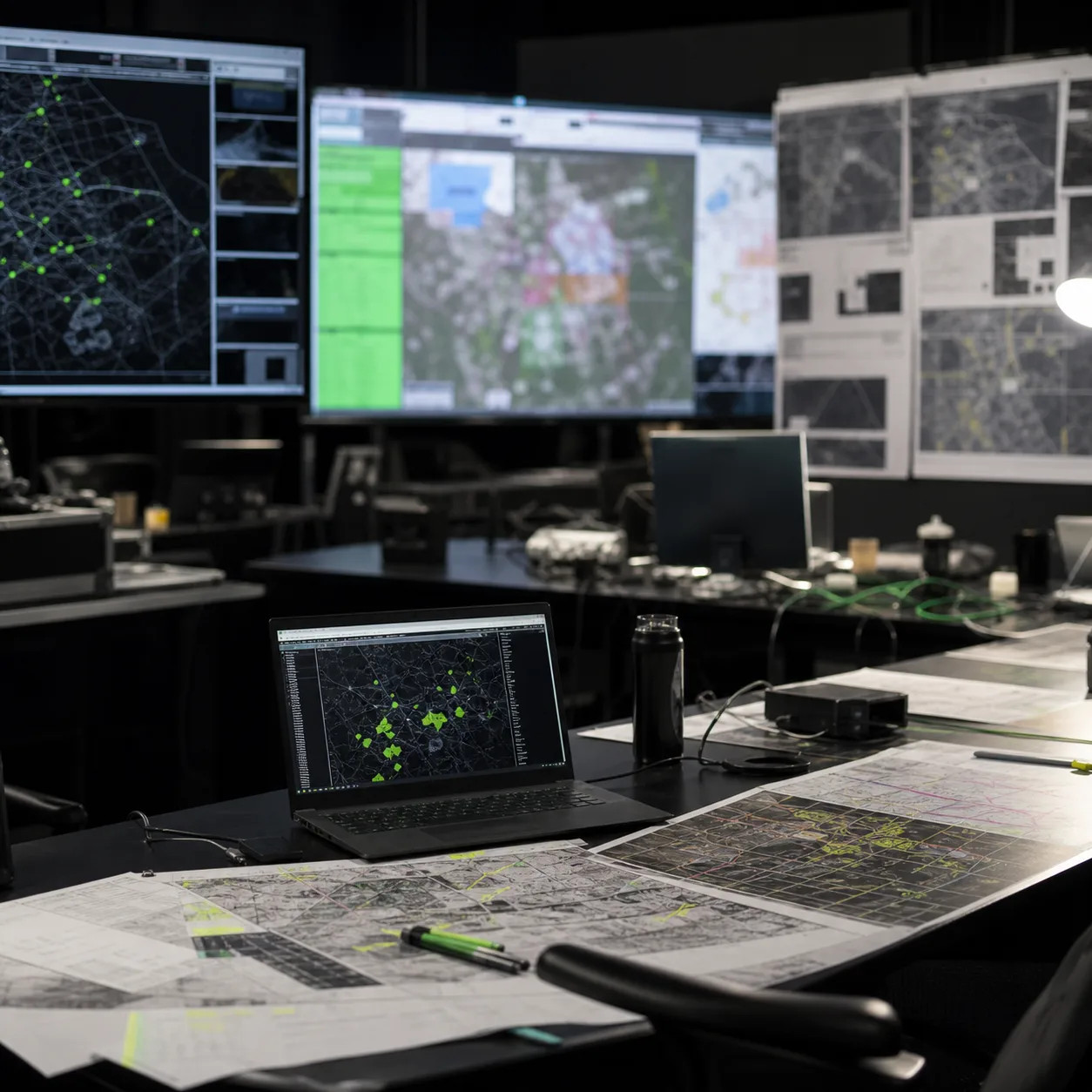 A dark media operations workspace with campaign planning screens and printed placement maps on a table