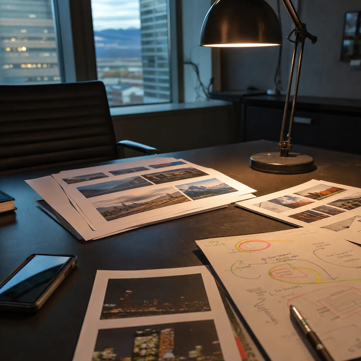 A director review table with campaign documents, a phone, and marked advertising plans under directional desk light