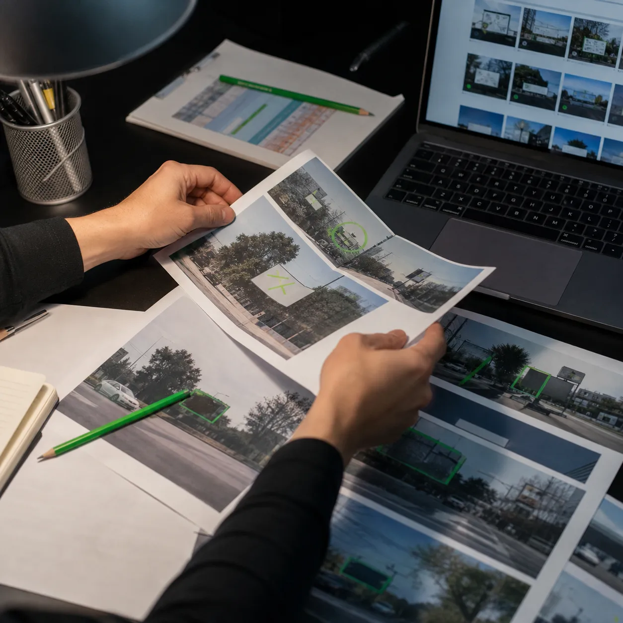 Hands arranging printed media placement plans beside a laptop and marked campaign boards