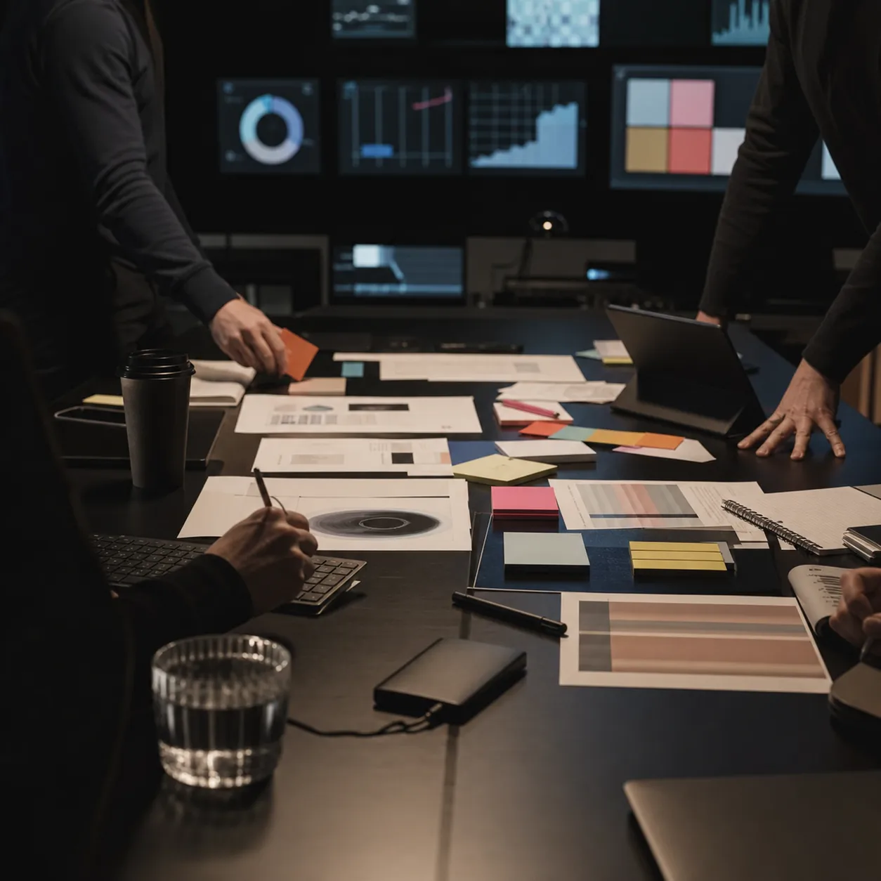 A collaborative advertising planning table with wall screens, channel notes, and campaign materials in a dark studio